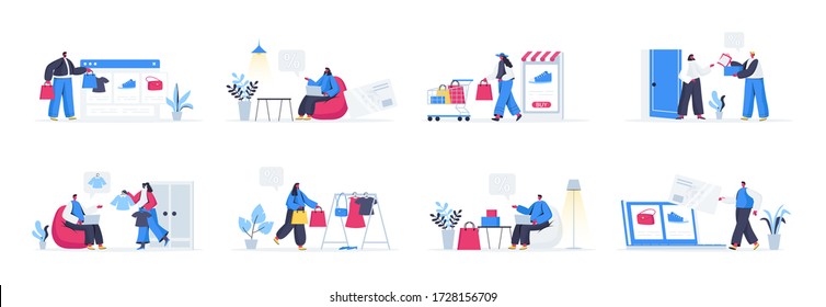 Bundle of shoppers scenes. Shopper carry shopping bags, online order and purchase delivery at home, internet commerce flat vector illustration. Bundle of shopping people characters in situations.