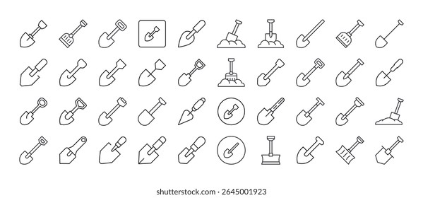 Pacote de ícones de linha relacionados à pá. Outline Signs para Gráficos e Web Design, Apps, Anúncios, Vários Cartões 