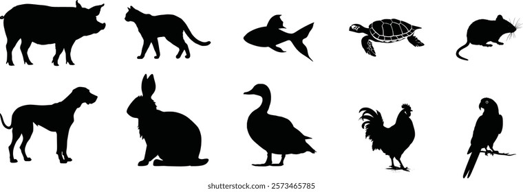 Bundle of Silhouette of farm animals and pets, set of vector silhouette animal pet.