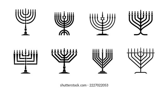 Bundle silhouette Hanukkah menorah icons for Jewish festival of lights vector illustration