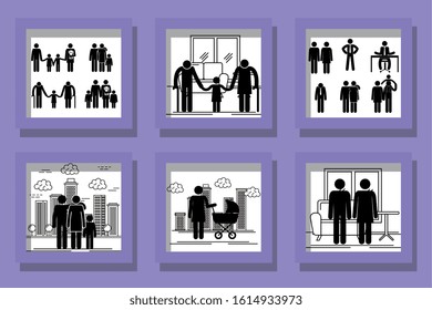 bundle of silhouette of members family vector illustration design