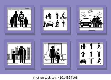 bundle of silhouette of members family vector illustration design