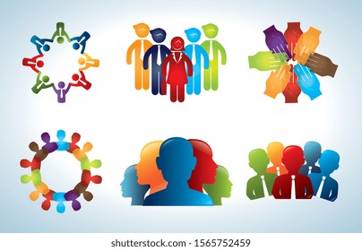 bundle silhouette of teamwork and icons vector illustration design