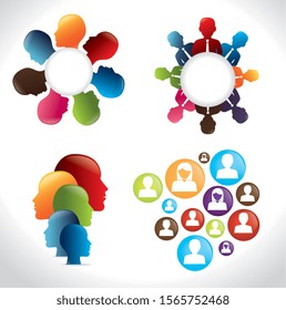 bundle silhouette of teamwork scenes avatar character vector illustration design