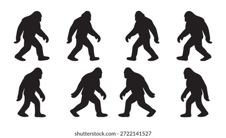 Lote de silhuetas de oito criaturas Bigfoot caminhando objetos vetoriais em preto em um fundo branco
