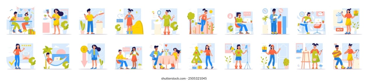 Bundle of simple concepts with people scene in flat cartoon design. Each scene in this collection is filled with details that convey the atmosphere and mood. Vector illustration.
