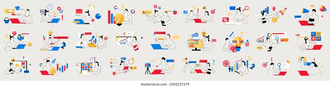 Bundle of simple linear concepts with people scene in flat cartoon design. The set of illustrations are done in saturated colors and cover a variety of topics. Vector illustration.