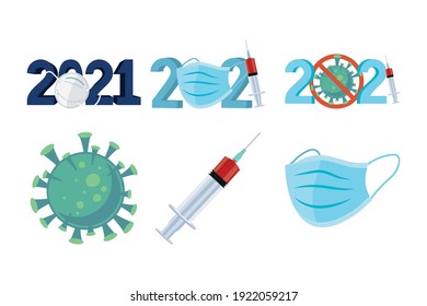 bundle of six 2021 year numbers and covid19 vaccine set icons vector illustration design