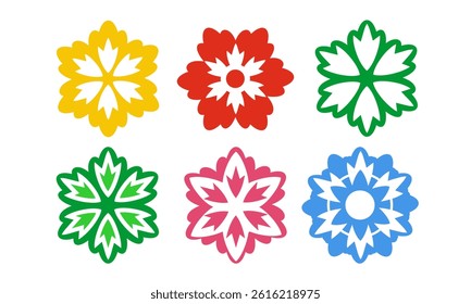 A bundle of six abstract floral icons, each featuring a stylized flower with a unique petal arrangement in a different color: blue, pink, green, red, yellow, and brown.