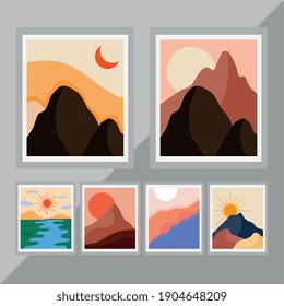 bundle of six abstract landscapes colorful scenes in gray background vector illustration design