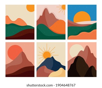 Bündel von sechs abstrakten Landschaften, bunte Szenen auf weißem Hintergrund, Vektorgrafik-Design