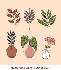 bundle of six boho style leafs plants decorative icons vector illustration design