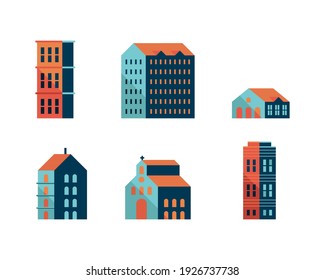 conjunto de seis edificios azul minimo conjunto de ciudades iconos vectorial diseño de ilustración