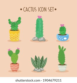 bundle of six cactus plants and lettering set icons vector illustration design