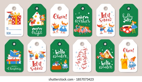 Bundle of six Christmas sale tags with cute elfs with lettering. Vector Merry Christmas winter labels or card with cute elfs celebrating holidays. Vector tags with cartoon elfs