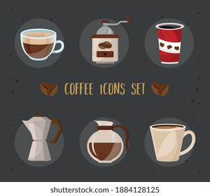 bundle of six coffee delicious drink set icons and lettering vector illustration design