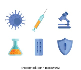 bundle of six covid19 vaccine icons vector illustration design