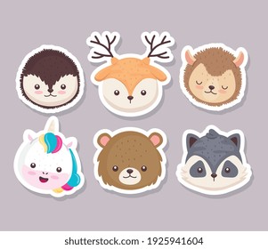 bundle of six cute animals heads set icons vector illustration design
