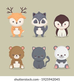 conjunto de seis lindos animales conjunto iconos diseño de ilustración vectorial