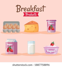 bundle of six delicious breakfast set products icons vector illustration design