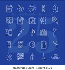 conjunto de seis iconos de juego de líneas de kit médico y diseño de ilustración vectorial con letras