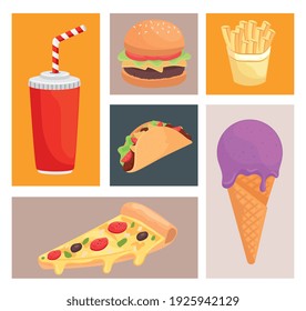 bundle of six fast food products icons vector illustration design