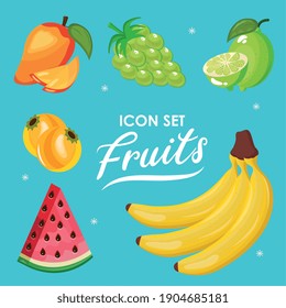 bundle of six fresh fruits set icons and lettering vector illustration design