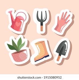 bundle of six gardening tools icons vector illustration design