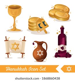bundle of six hanukkah set icons and lettering vector illustration design