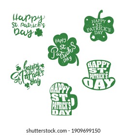 bundle of six happy saint patricks day letterings green vector illustration design