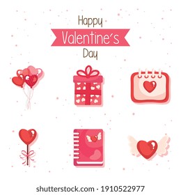 conjunto de seis iconos de juego de días de feliz San Valentín y diseño de ilustración vectorial con letras