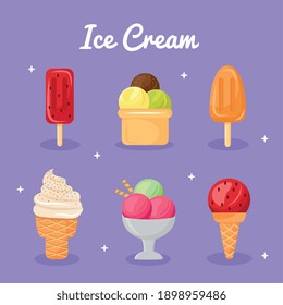 conjunto de seis cremas de hielo conjunto iconos y diseño de ilustración vectorial con letras