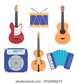 bundle of six musical instruments set icons vector illustration design