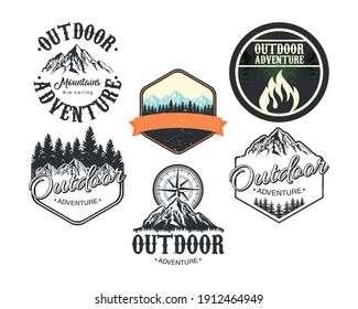 bundle of six outdoor adventure letterings emblems with set landscapes vector illustration design