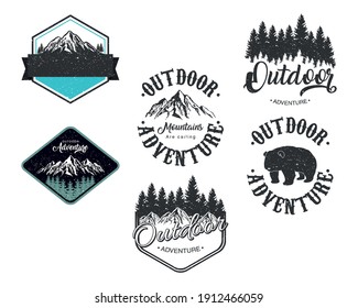 bundle of six outdoor adventure letterings emblems vector illustration design