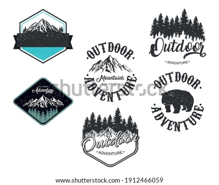 bundle of six outdoor adventure letterings emblems vector illustration design