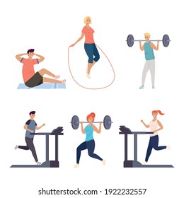 bundle of six persons practicing fitness sports characters vector illustration design