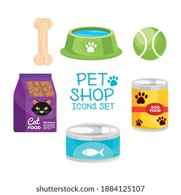 bundle of six pet shop set icons and lettering vector illustration design