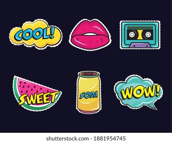 conjunto de seis stickers de arte pop conjunto iconos diseño de ilustración vectorial