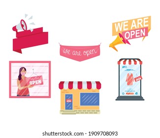 bundle of six reopening labels campaign set icons vector illustration design