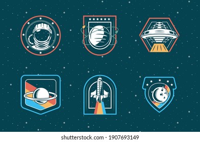 bundle of six space patches set icons in blue background vector illustration design