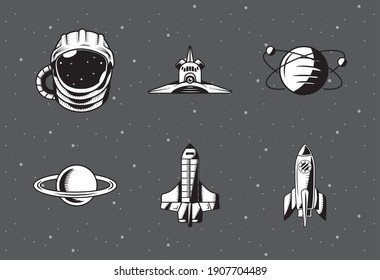 bundle of six space patches set icons vector illustration design