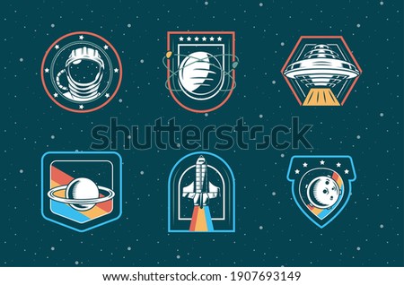 bundle of six space patches set icons in blue background vector illustration design