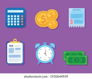 bundle of six tax day set icons vector illustration design