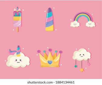 bundle of six unicorn set icons vector illustration design