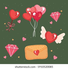 bundle of six valentines day set icons vector illustration design