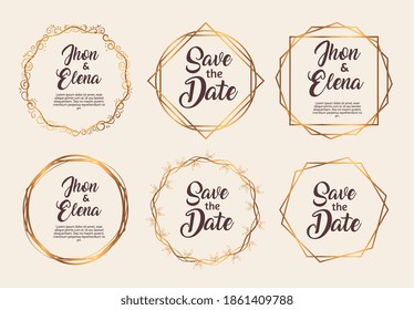 conjunto de seis invitaciones de boda marcos dorados diseño de ilustraciones vectoriales