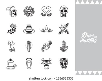 bundle of sixteen dia de los muertos set icons vector illustration design