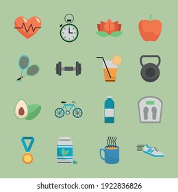 bundle of sixteen healthy lifestyle set icons vector illustration design