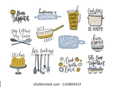 Bundle of slogans written with cursive font and decorated with cookware and food products. Set of inscriptions and kitchen utensils for cooking or homemade meals preparation. Vector illustration